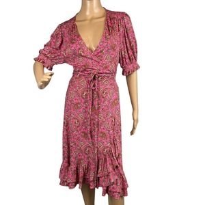 Boden Ruffle Wrap Jersey Dress Short Sleeve Ruched Floral Paisley Pink Size 10L